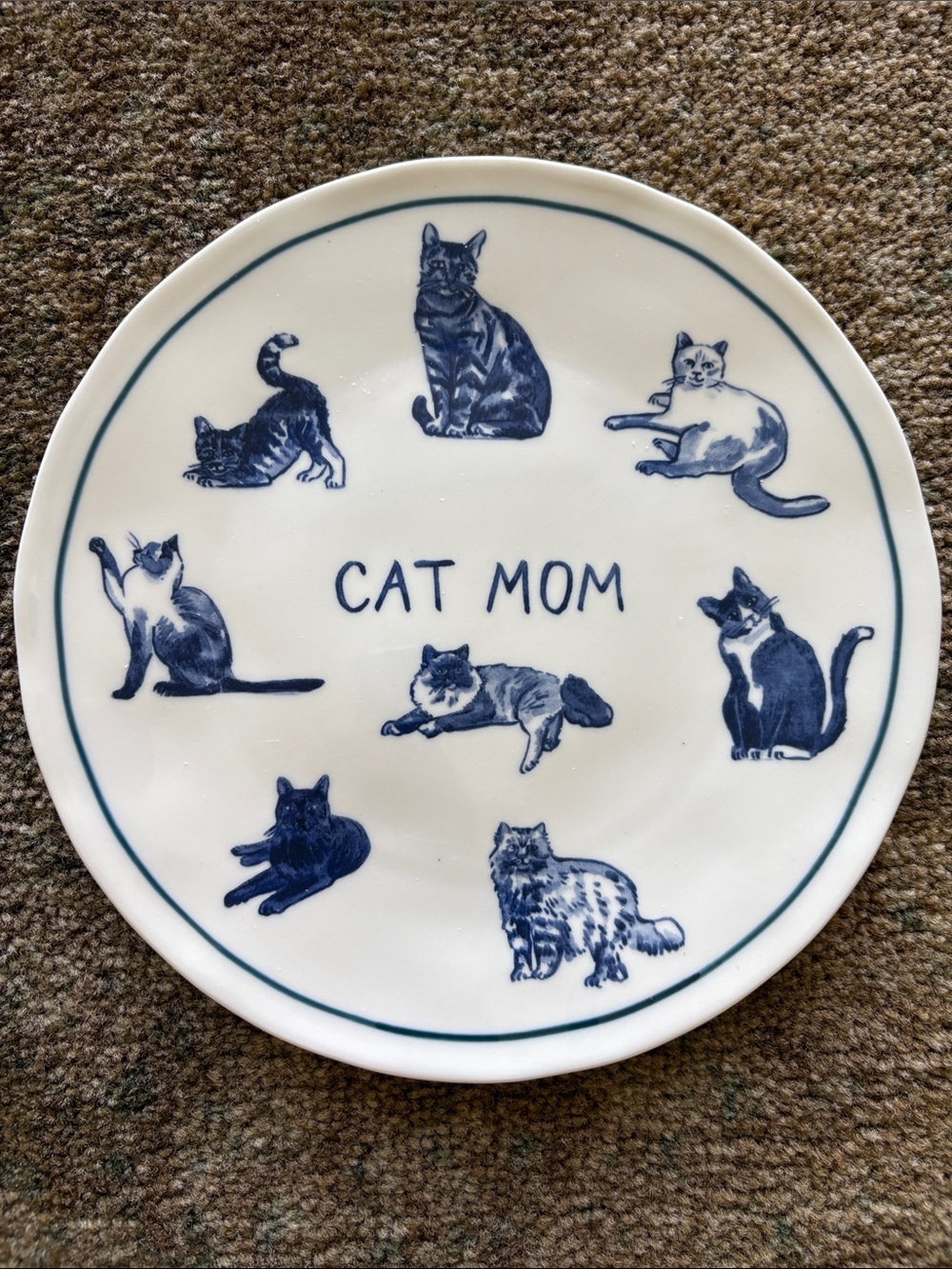 Anthropologie Cat Mom Ceramic 8.25 inch Dessert Plate - Blue and White